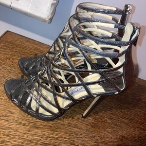 Jimmy Choo Metallic Silver Gray Glitter Leather Gladiator